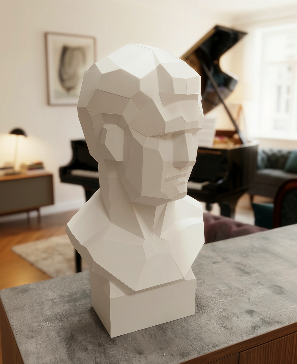 LUMISCA geometric Agrippa bust paper sculpture displayed on a grand piano in a classic music room with antique scores.