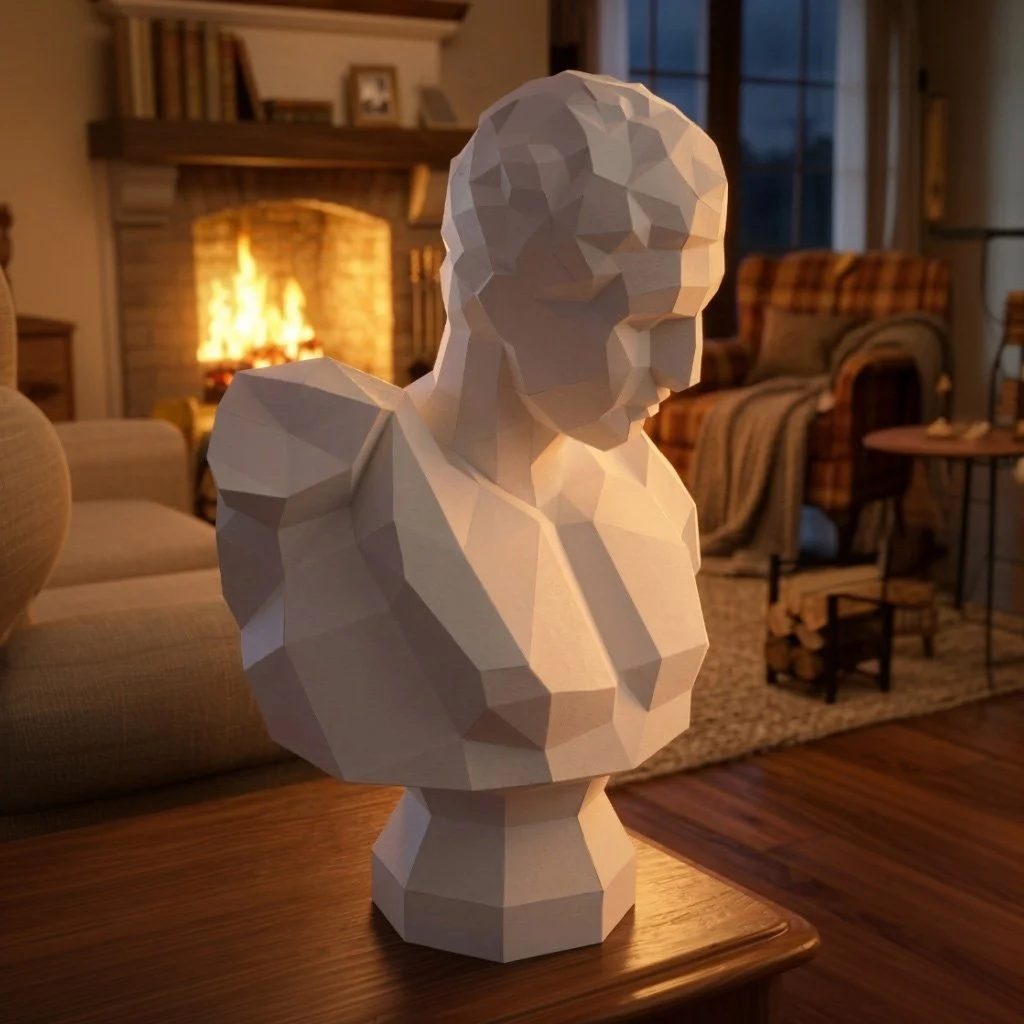 The LUMISCA Hermes papercraft styled in a cozy room with a glowing fireplace, bringing a grounding sense of peace and philosophical depth to the space.