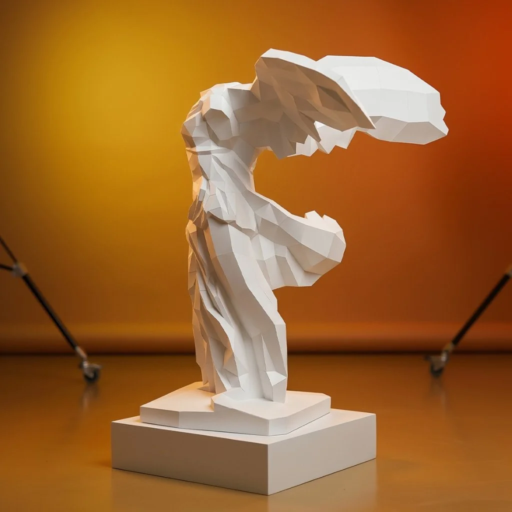 The LUMISCA Nike of Samothrace papercraft illuminated by dramatic warm lighting, perfectly showcasing the 'Dark Side' philosophy where shadows create powerful structural presence.