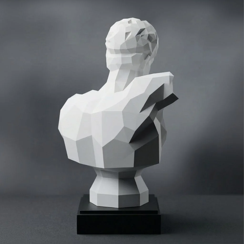 A powerful studio shot of the LUMISCA Hermes sculpture with high contrast lighting, emphasizing the solid volume and the artistic heritage sustained since 1991.