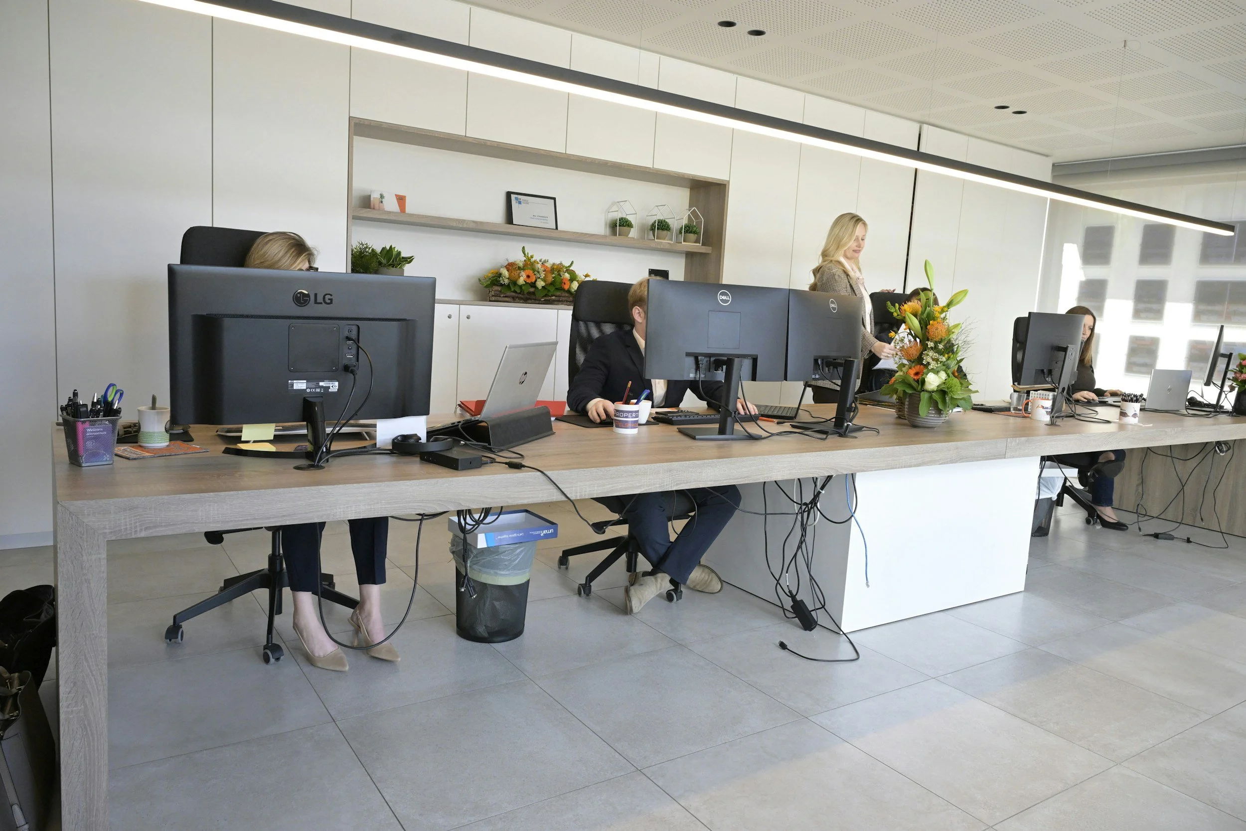 Office with four women working at desks with computers, plants, flowers, and office supplies, and large windows in the background.