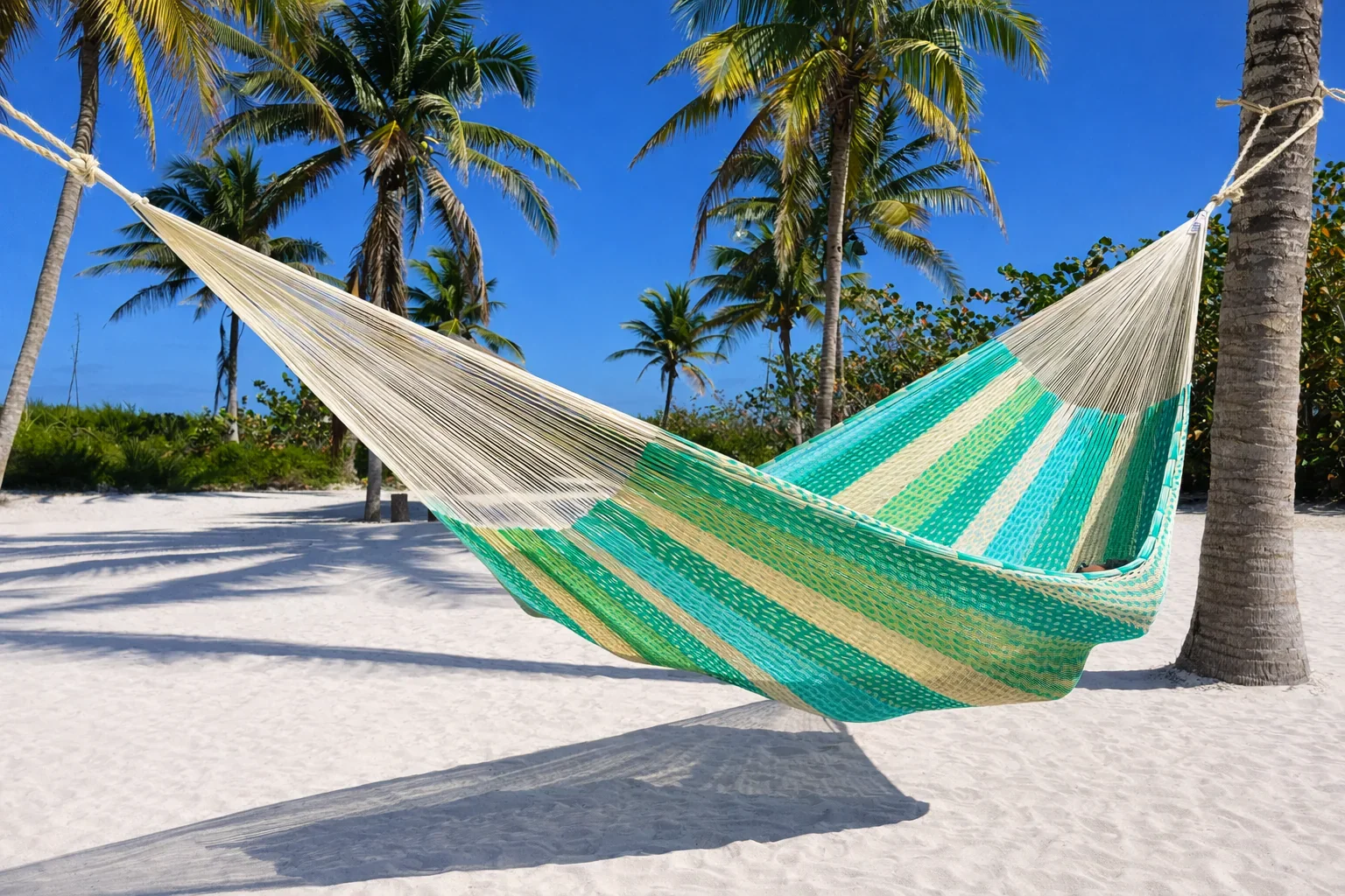 Colorful striped hammock tied between two palm trees on a sandy beach with more palm trees and tropical vegetation in the background under a bright blue sky.