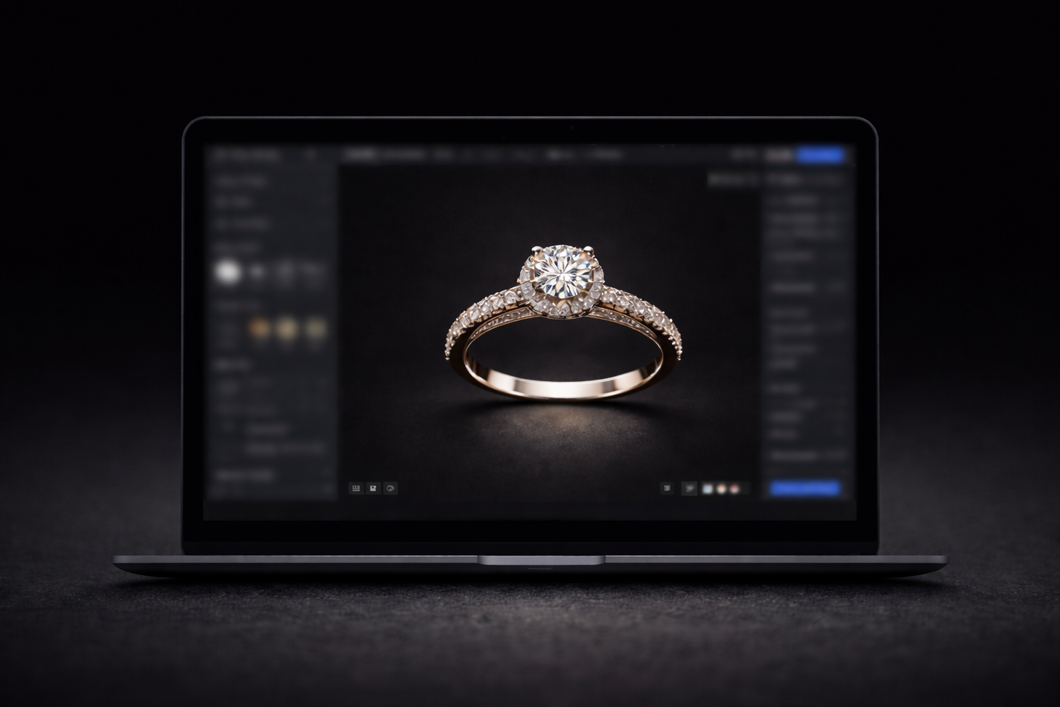 A computer screen displaying a close-up image of a diamond engagement ring.
