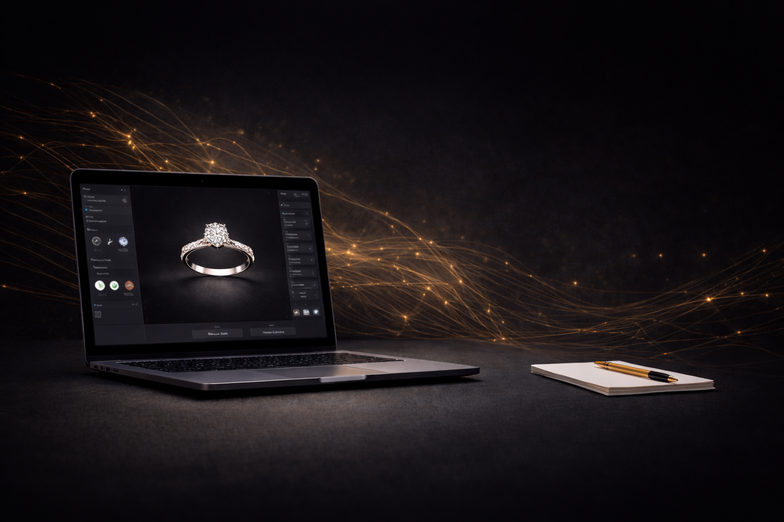 Laptop with jewelry editing software displaying a diamond ring, with a notepad and pen on the desk, against a dark background with golden light streaks.