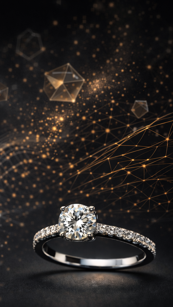 Close-up of a diamond engagement ring with a prominent round diamond in a prong setting, adorned with smaller diamonds on the band, against a dark background with gold geometric particles and lines.
