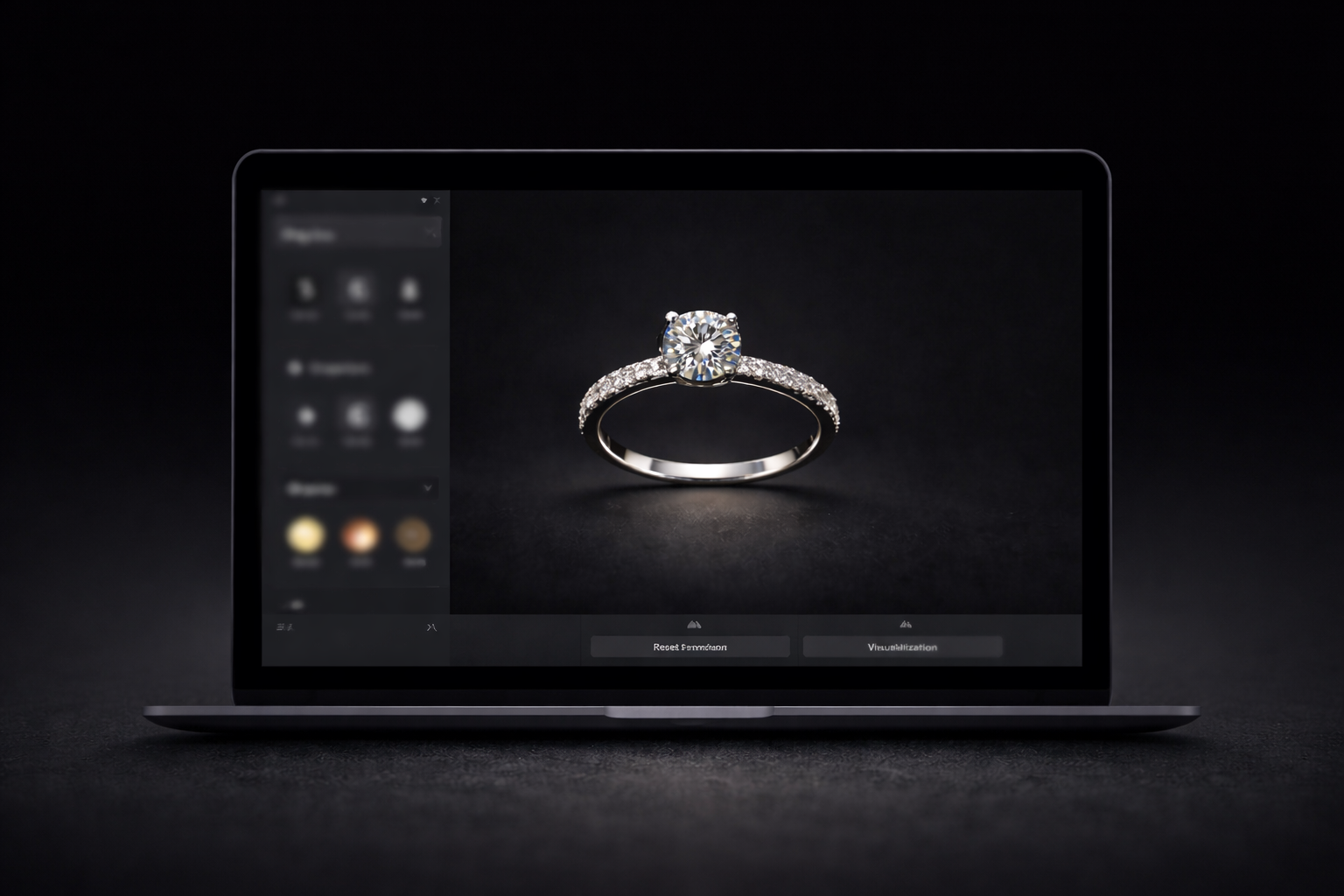 A glittering diamond engagement ring with a round center stone displayed on a laptop screen against a black background.
