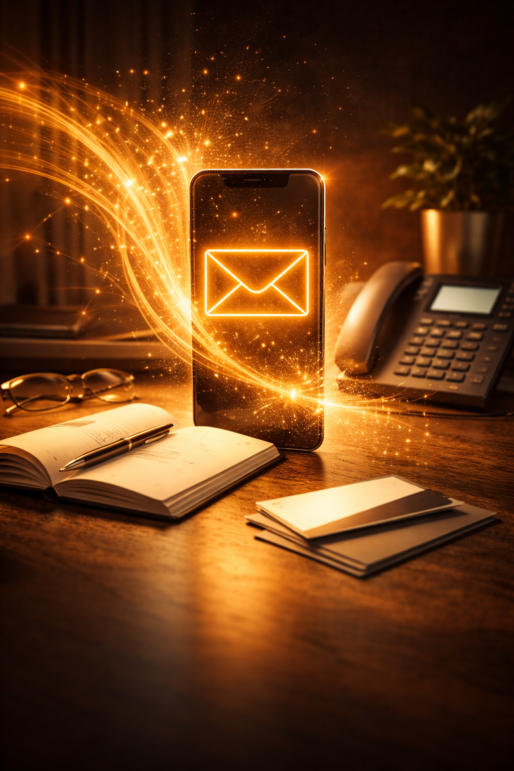 Smartphone with glowing email icon, on a desk with a notebook, pen, glasses, a telephone, and papers, illuminated with bright, golden digital light streaks, contact, formation, video, en ligne, presenting, coaching