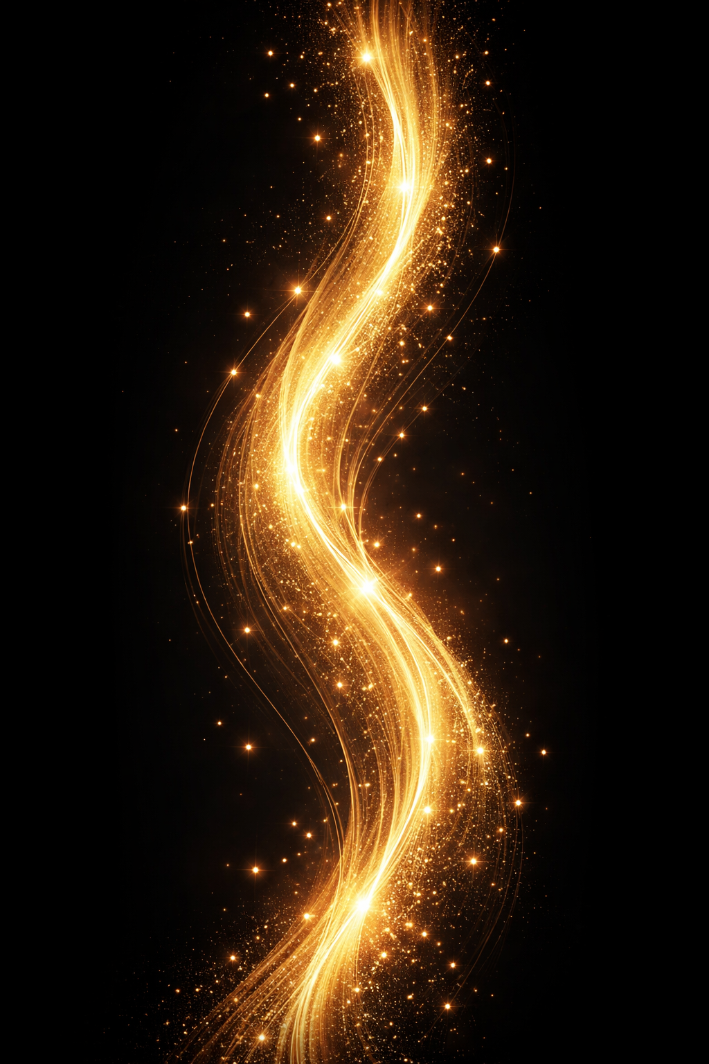 Golden light trail swirling vertically against a black background, resembling flowing energy or sparkles.