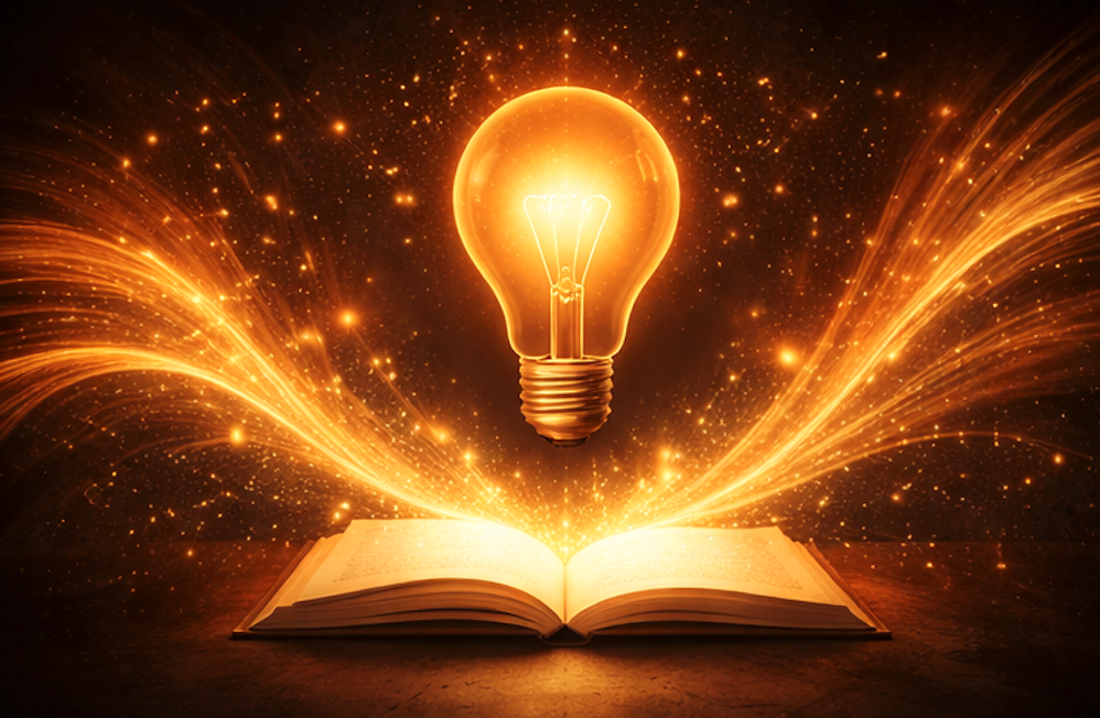 A glowing light bulb floating above an open book with golden sparks and light trails emitting from it.