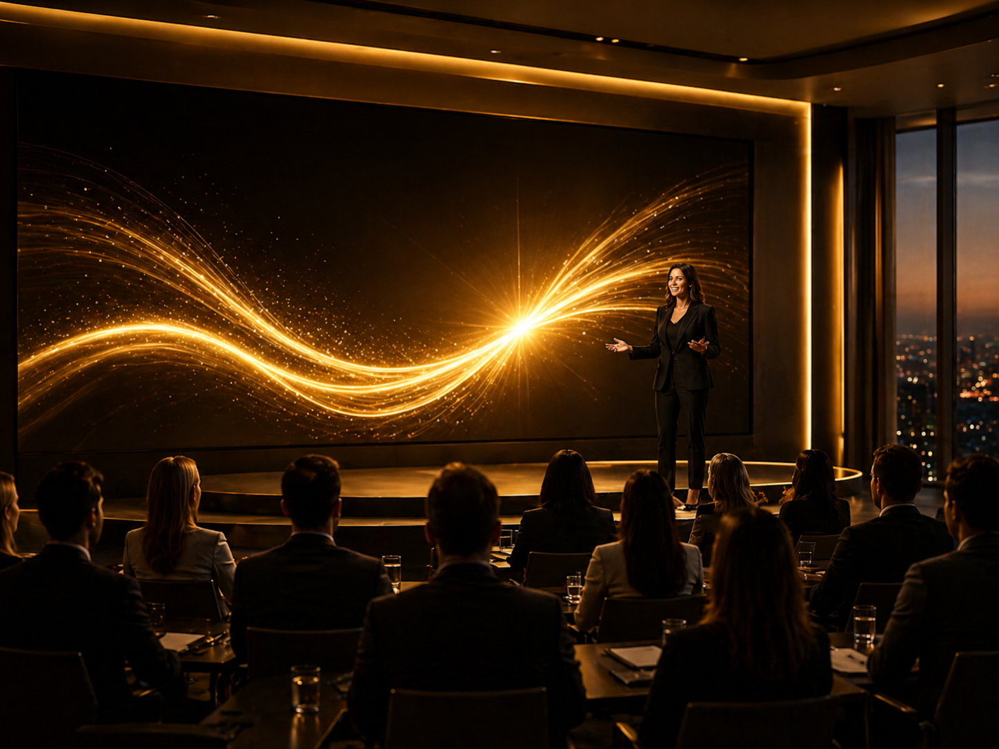 A woman giving a presentation in a conference room with a large digital screen displaying a bright golden wave of light at sunset.