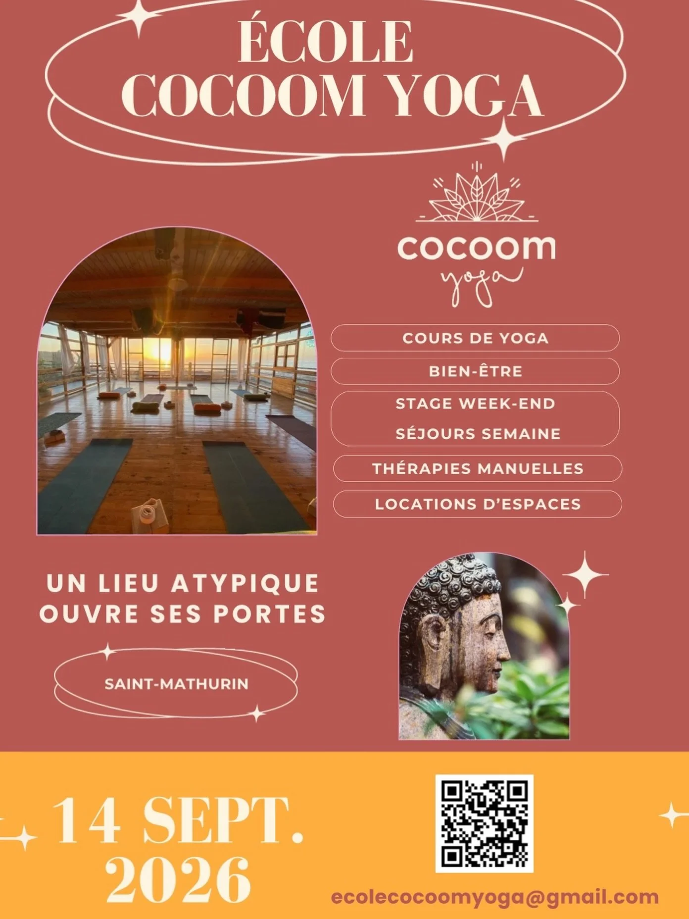 New ✨L&rsquo;Ecole Cocoom Yoga ouvre en Septembre ✨
Site internet tout beau, tout chaud !!!
https://www.ecolecocoomyoga.fr/
Ce lieu ouvrira ces portes le 14 Septembre, mais sachez que ce lieu a une histoire, il a &eacute;t&eacute; r&ecirc;v&eacute; p