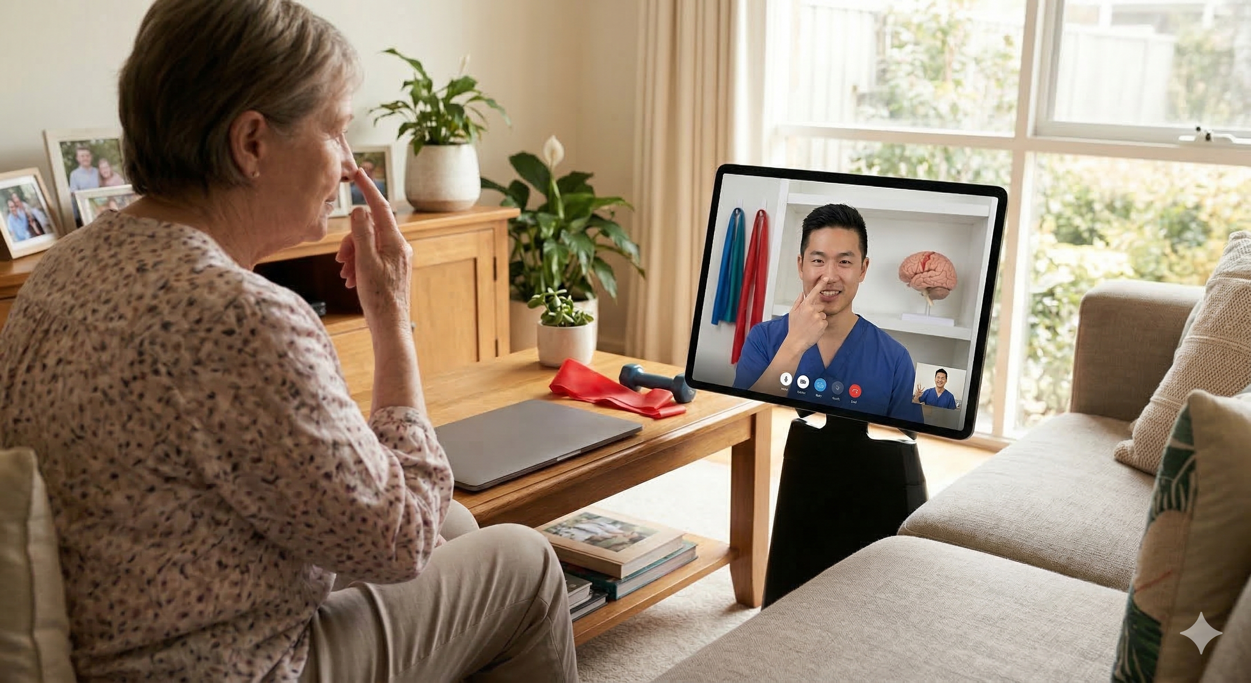 An elderly woman talking to a healthcare professional on a video call on a tablet in a living room.