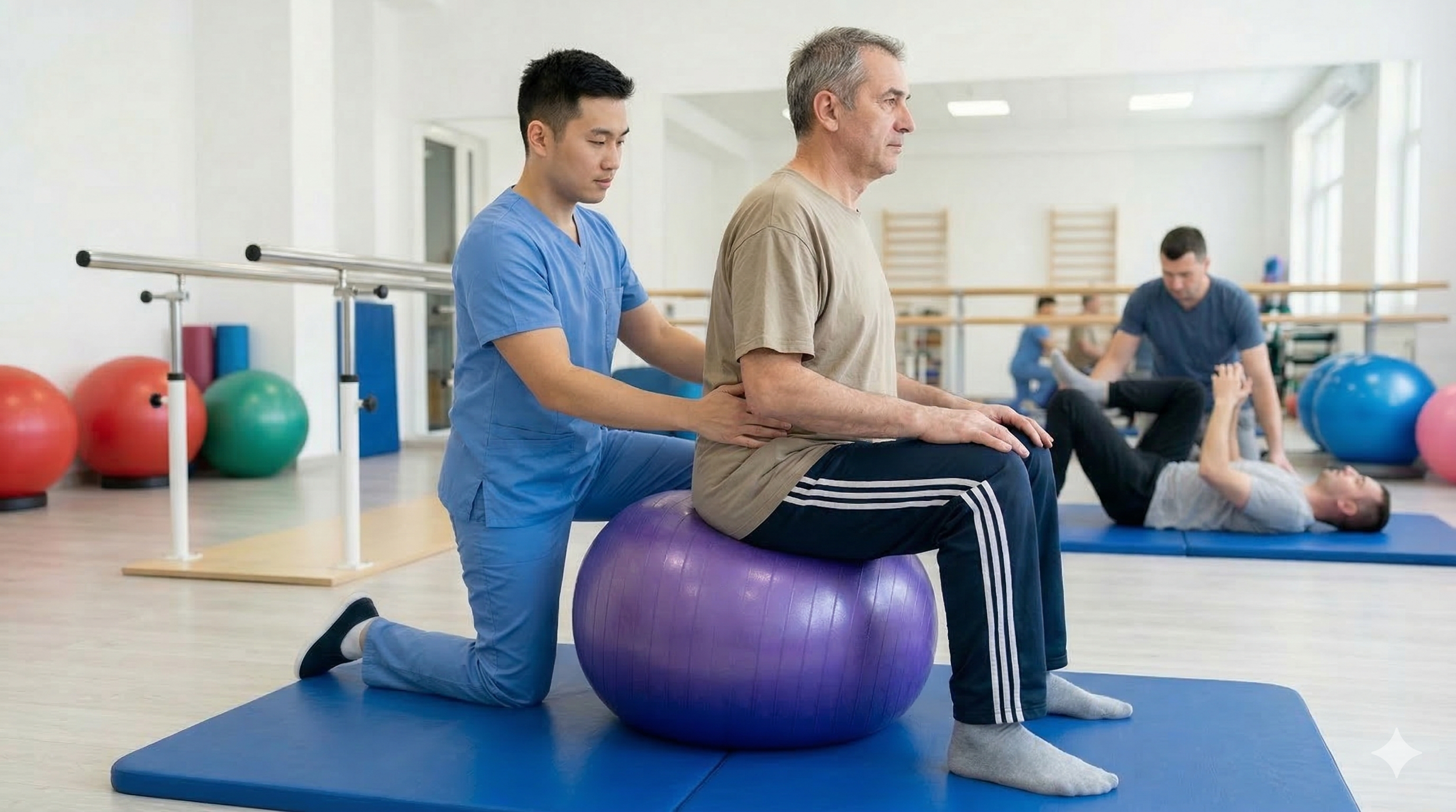 A physical therapist assisting an elderly man in seated exercises on a purple exercise ball in a rehabilitation center. Two other individuals are exercising on mats in the background.