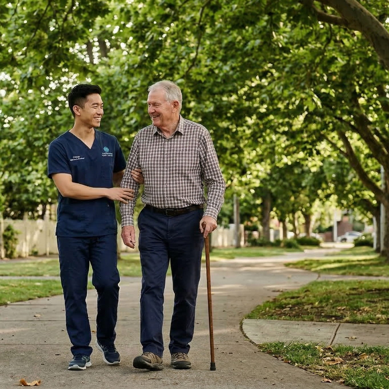 A young man in healthcare scrubs walking and talking with an elderly man holding a cane in a park with green trees.
