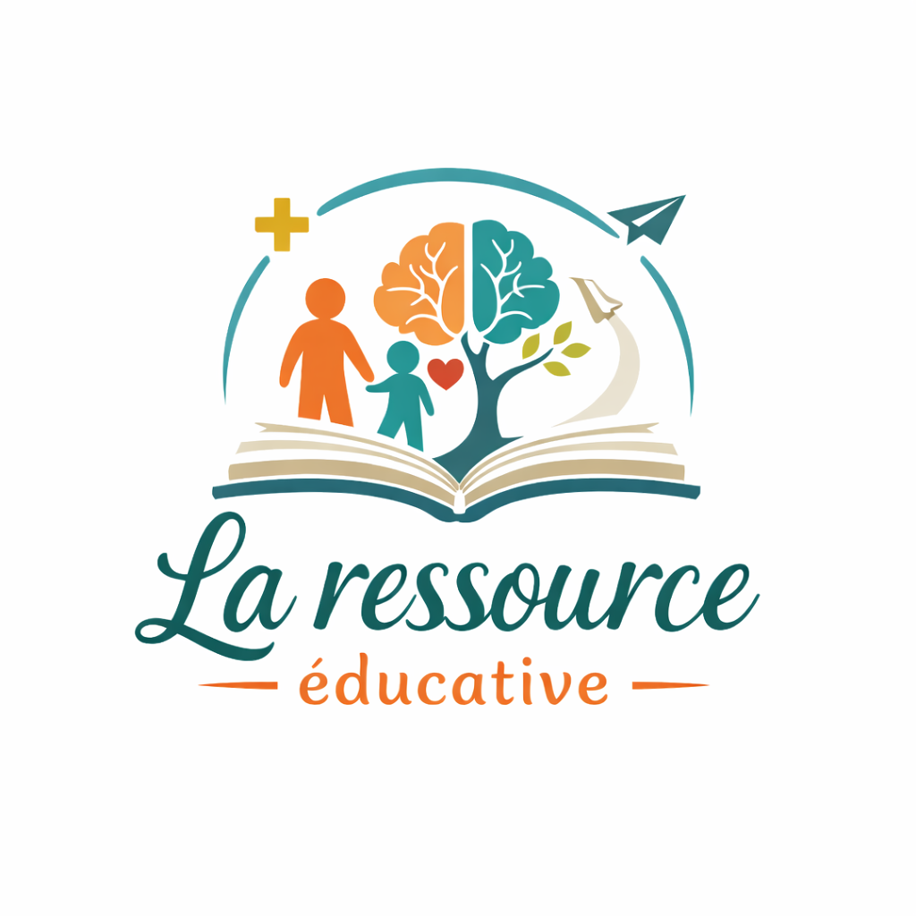 Logo éducatif avec une illustration d'un livre ouvert, un arbre, deux silhouettes d'enfants, un cœur, une croix, un avion en papier et une fusée. Texte : "La ressource éducative".