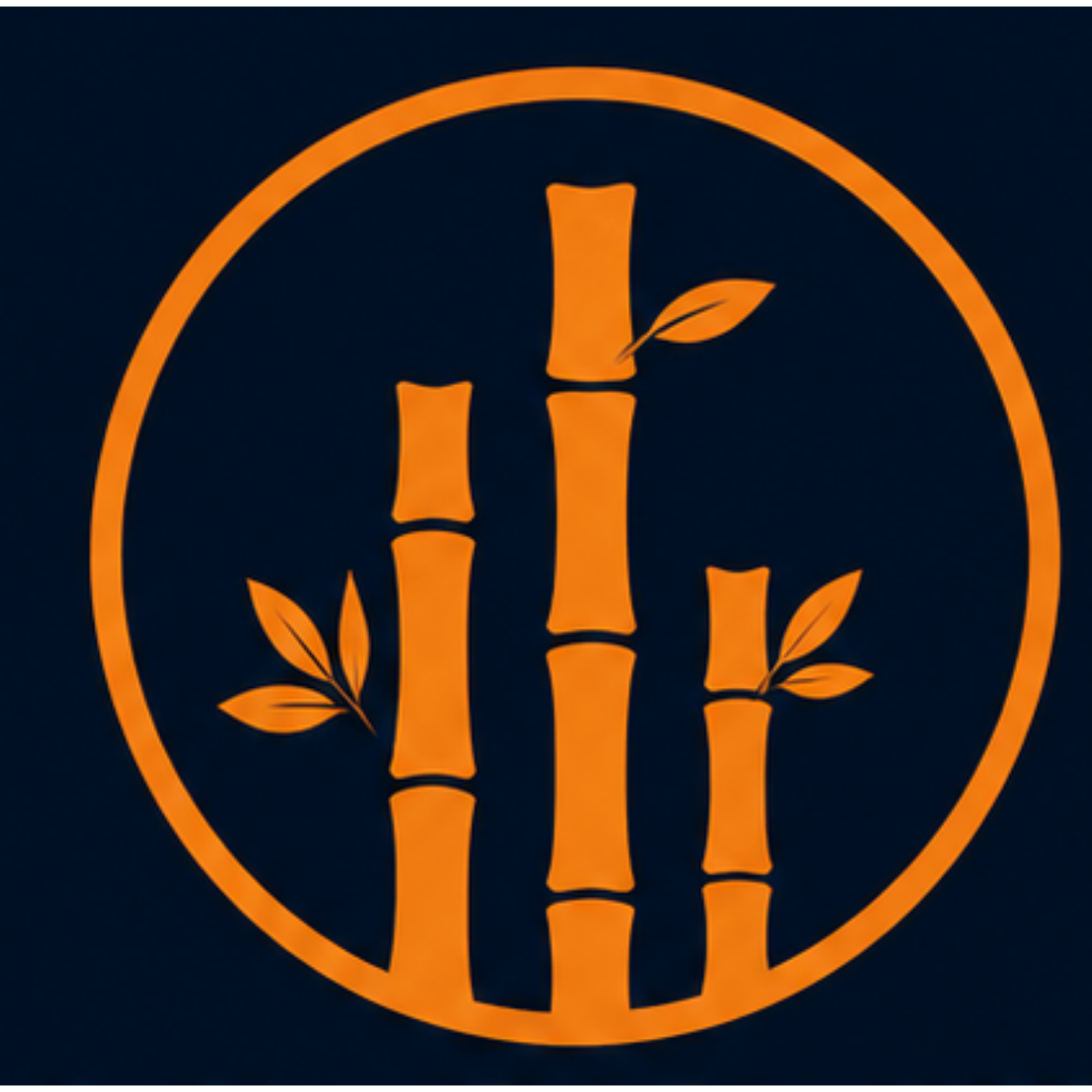 Illustration of three bamboo stalks with leaves inside a circular border, in a minimalist style with orange color on a dark background.