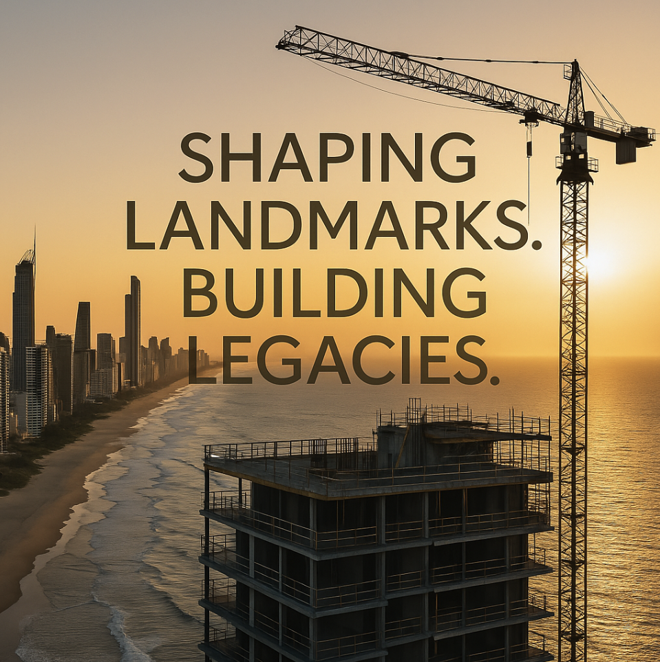 A construction crane atop an unfinished high-rise building on a beach at sunset, with a city skyline in the background, and the text 'Shaping Landmarks. Building Legacies.'