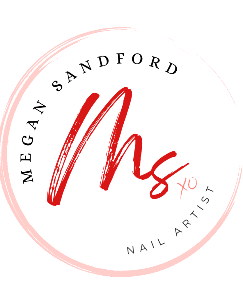 A black circular logo with a pink outline, featuring red handwritten text 'Ms' in the center and small white 'xo' next to it. The words 'NAIL ARTIST' are written in black around the bottom edge.