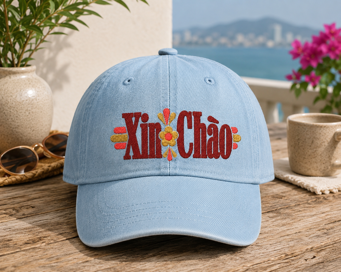 Xin Chào Embroidered Denim Hat | Vietnamese Hello Cap