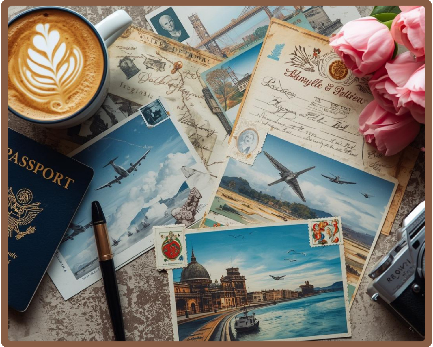 Coffee flatlay with passport and postcards