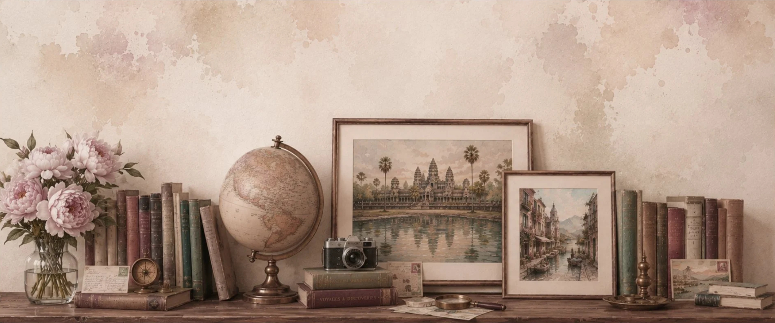 Watercolor shelf with globe, pictures, books, and a camera