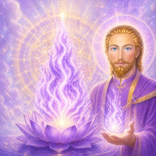 A picture of Ascended Master Saint Germain. Dressed in violet and gold, with a violet flame in his hand, and to the side of him. A mandala in violet and gold behind him.