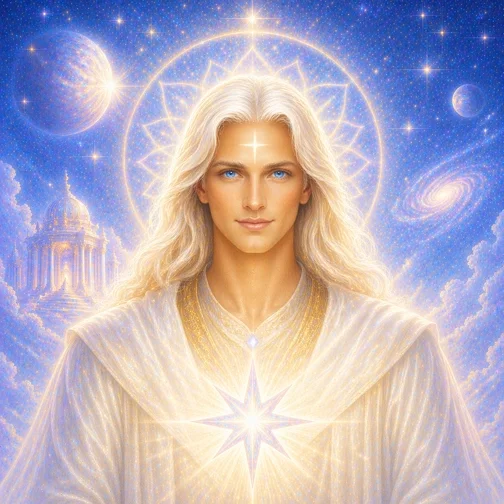 Sanat Kumara from Venus, a male etheral being with a mandala around his head, the planets and the stars behind him. And a temple.