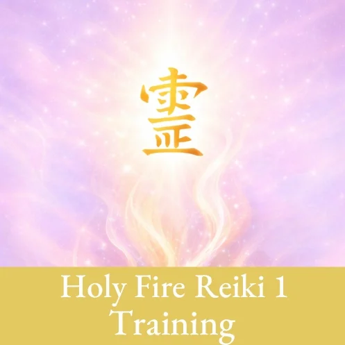 A picture of a pink flame with a Reiki symbol on. with the words: Holy Fire Reiki 1 Training.