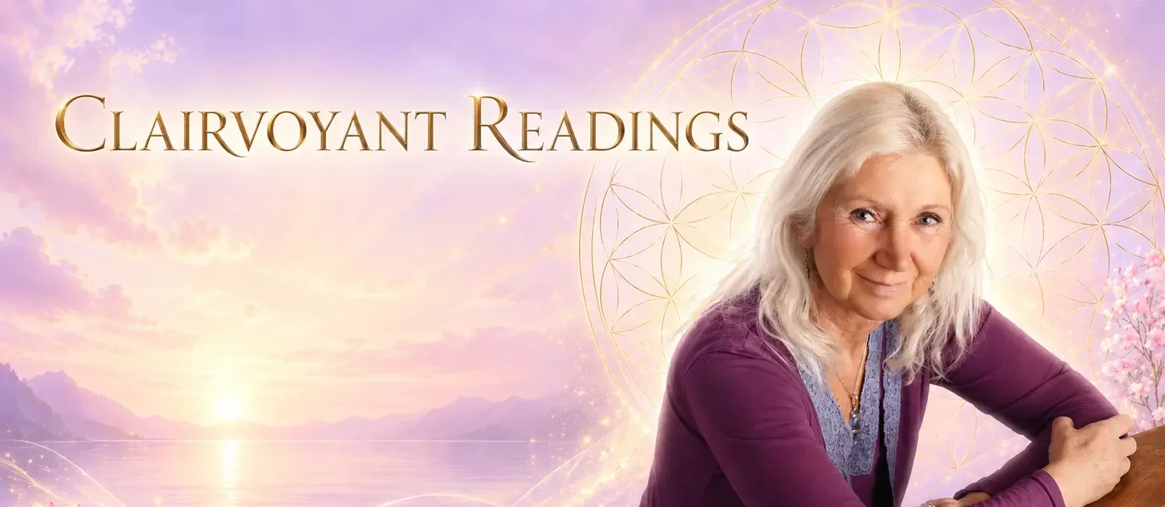 A picture of Dee Banton with  the words "Clairvoyant Readings" are displayed in gold text.