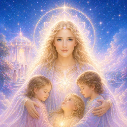 This is a picture of Meta, daughter of Sanat Kumara, A celestial woman with long blonde hair and a glowing aura, surrounded by three young girls with similar hair, all in a glowing, ethereal landscape with a starry sky and a palace in the background.