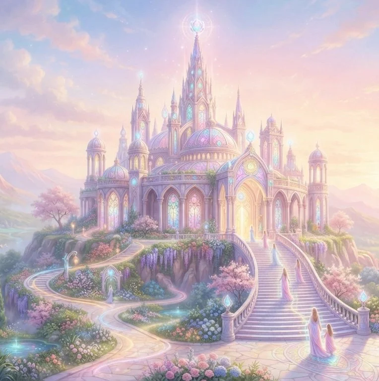 A picture of a mythical temple in etherial colours with people walking up the stairs to the temple of Shamballa.