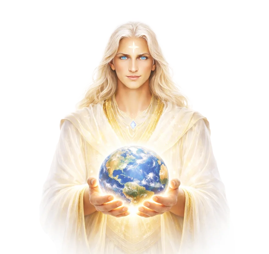 Sanat Kumara, and image of a Cosmic Being in white robes with golden hair, holding a glowing earth in his hands. The words under the picture are: I hold you in my heart always beloved ones.