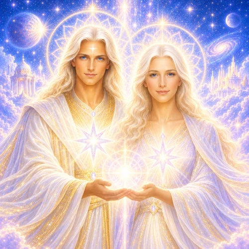 A picture of Sanat Kumara and Lady Venus Kumara, with celestial skies of blue and violets behind them.