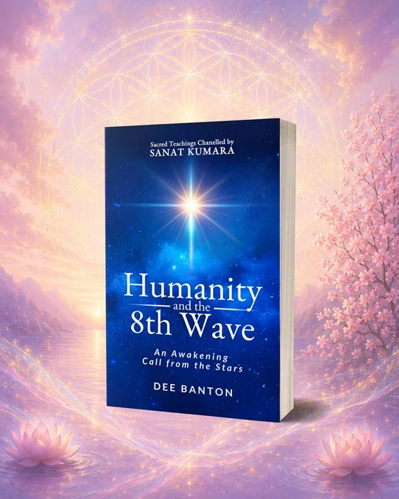 A book titled "Humanity and the 8th Wave" by Dee Banton with a cosmic background featuring stars and a bright light in the center. The backdrop has pink clouds, blooming flowers, and geometric glowing patterns.