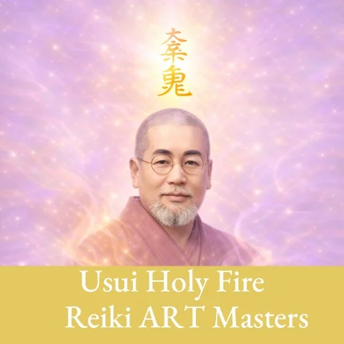 A picture of a pink flame with a picture of Doctor Usui, a Japanese man with glasses. with the words: Holy Fire Reiki ART Masters.