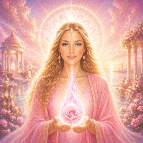A beautiful lady in pink, Ascended Master Lady Nada, holding a rose and a pink flame in her hands. A temple and magical scene behind her with a rose garden.