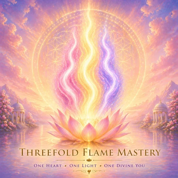 An image of a lotus flower open, with three flames coming from it. Pink for love, Gold for wisdom and blue for power