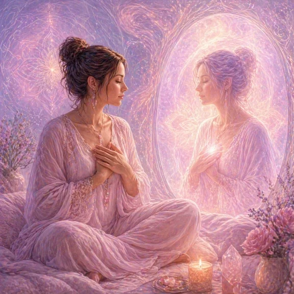 A woman with brown hair tied in a bun, wearing a pink nightgown, sitting cross-legged with her hands over her heart, looking at her reflection in a glowing mirror with a mystical aura, surrounded by candles and flowers in a serene, pastel-colored setting.