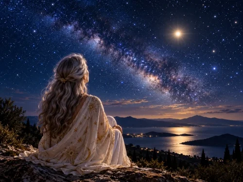 A picture of a lady sitting down, looking a the night sky, the stars and Venus shinning brightly.