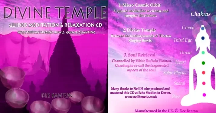 An image of Indian temples, a buddha face and Tibetan bowls in crimson colour. A Album cover for Divine Temple by Dee Banton