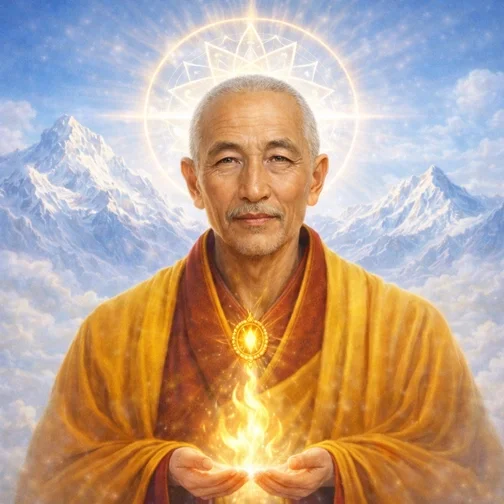 A picture of Ascended Master Djwal Khul, wearing orange monk robes and a flame coming from his hand. The mountains in the background.