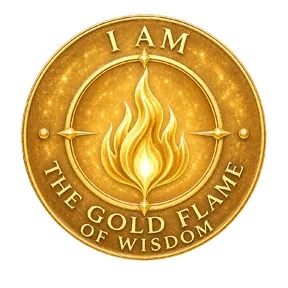 A gold badge showing a flame in the centre and the words: I Am the Gold Flame of Wisdom, Around the outside