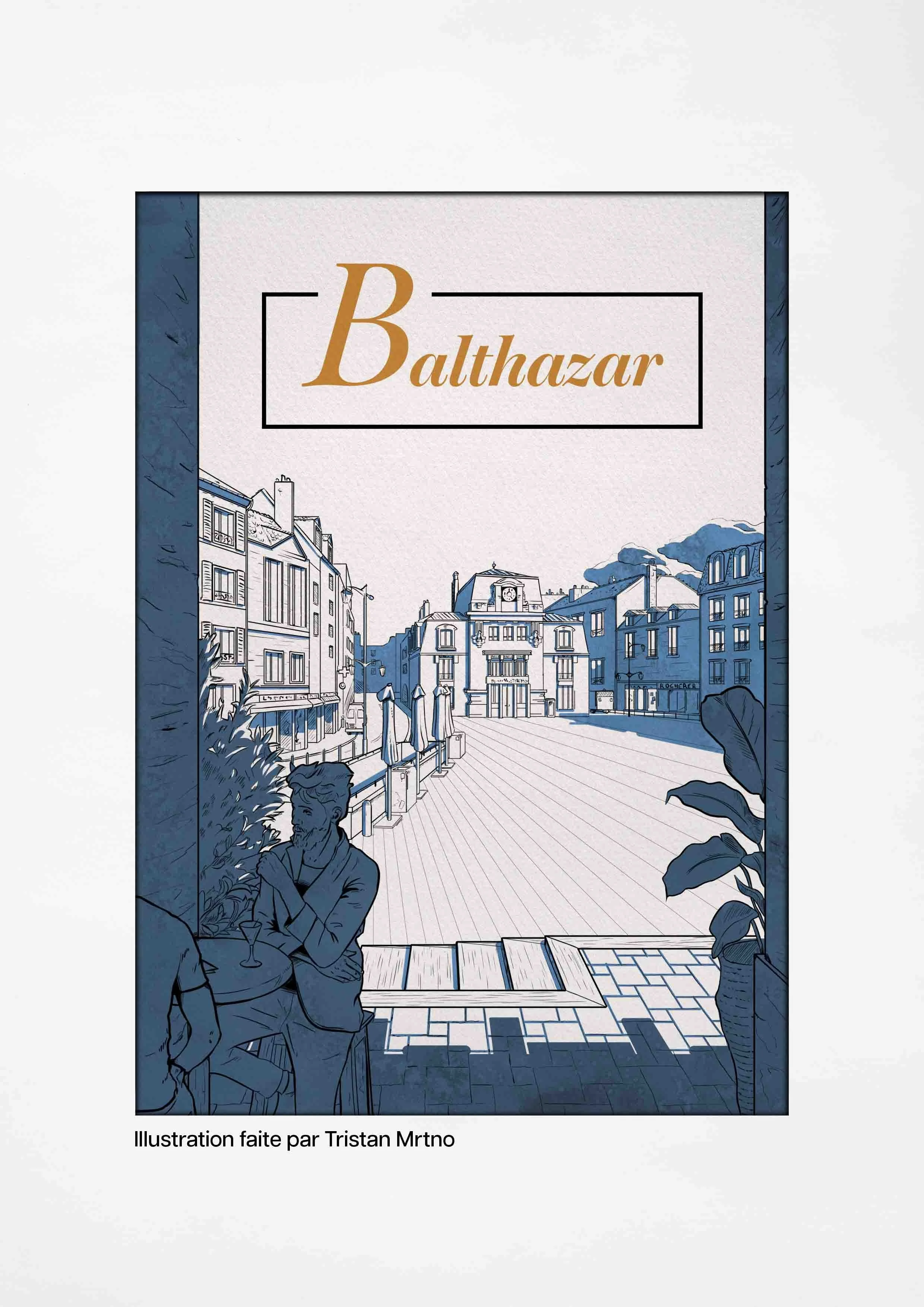 Stylized blue-toned line drawing evokes the timeless charm of a classic French brasserie transposed onto a sunlit plaza. Dominating the foreground, a bearded man in a tailored jacket. Behind him unfolds a meticulously rendered street scene: a wide, c
