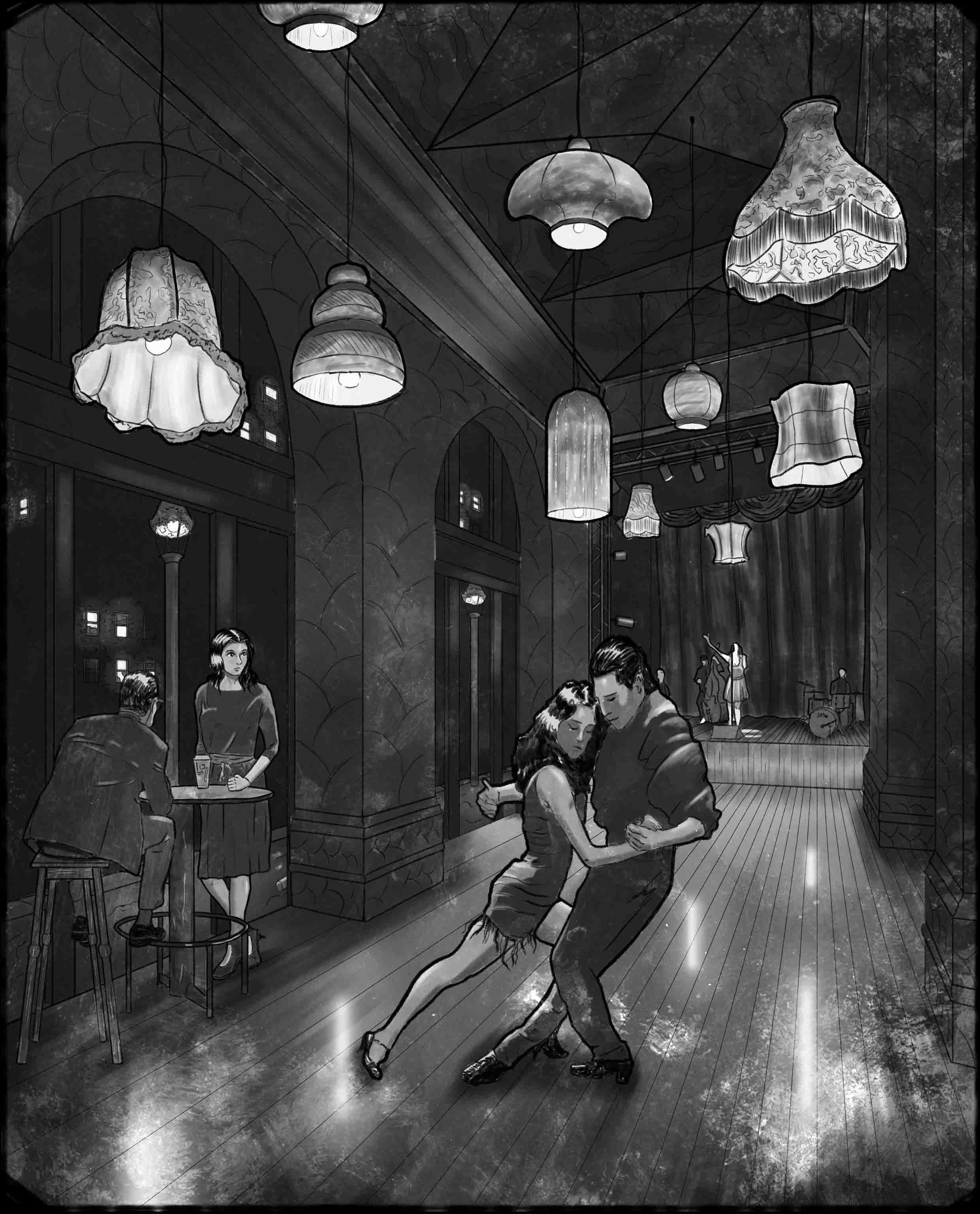 A black and white illustration of a dance scene inside a vintage-style cocktail bar, a live band performing on stage in the background, and two people sitting at a high table on the left side of the room.