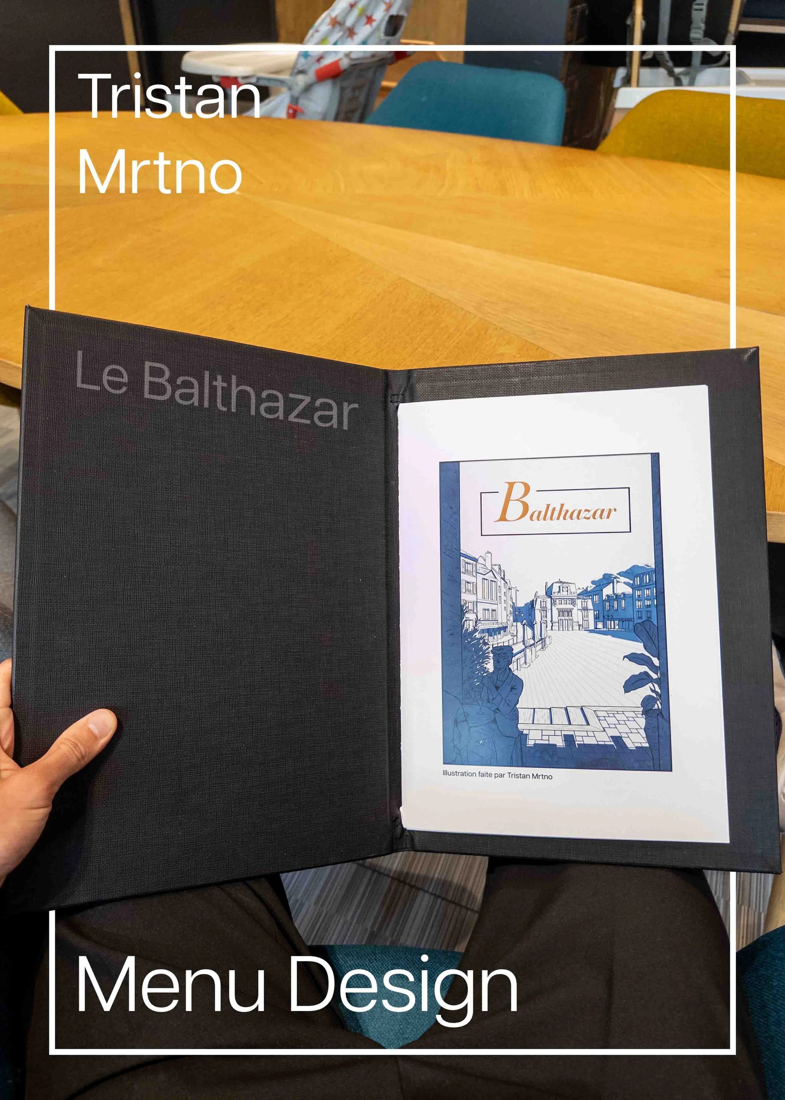 Design de menu automne-hiver pour une brasserie Parisienne. La couverture est une illustration de la place devant la brasserie