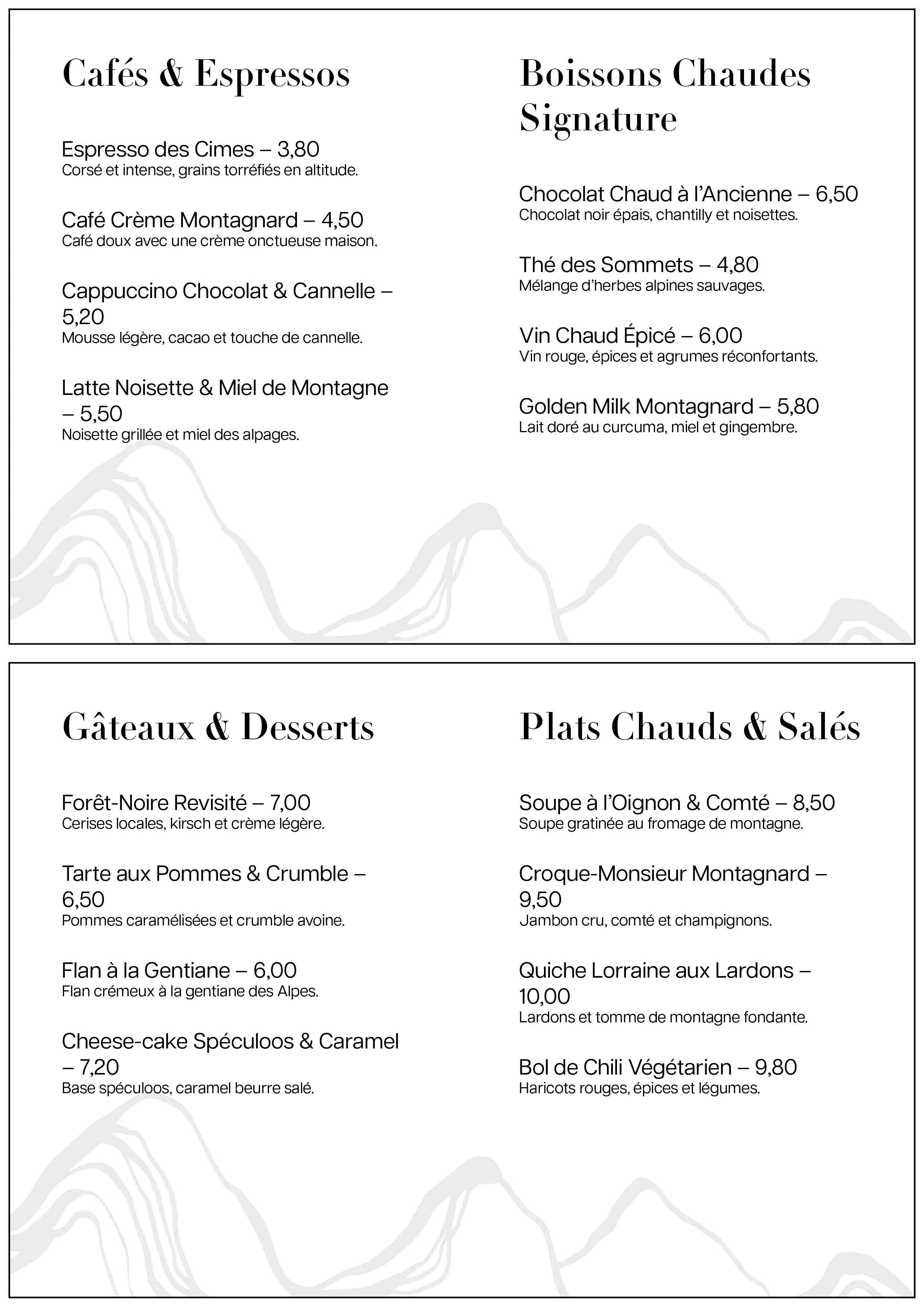 Menu montagnard élégant pour le café au sommet, un café - restaurant charmant situé dans les Alpes française - page 2 & 4