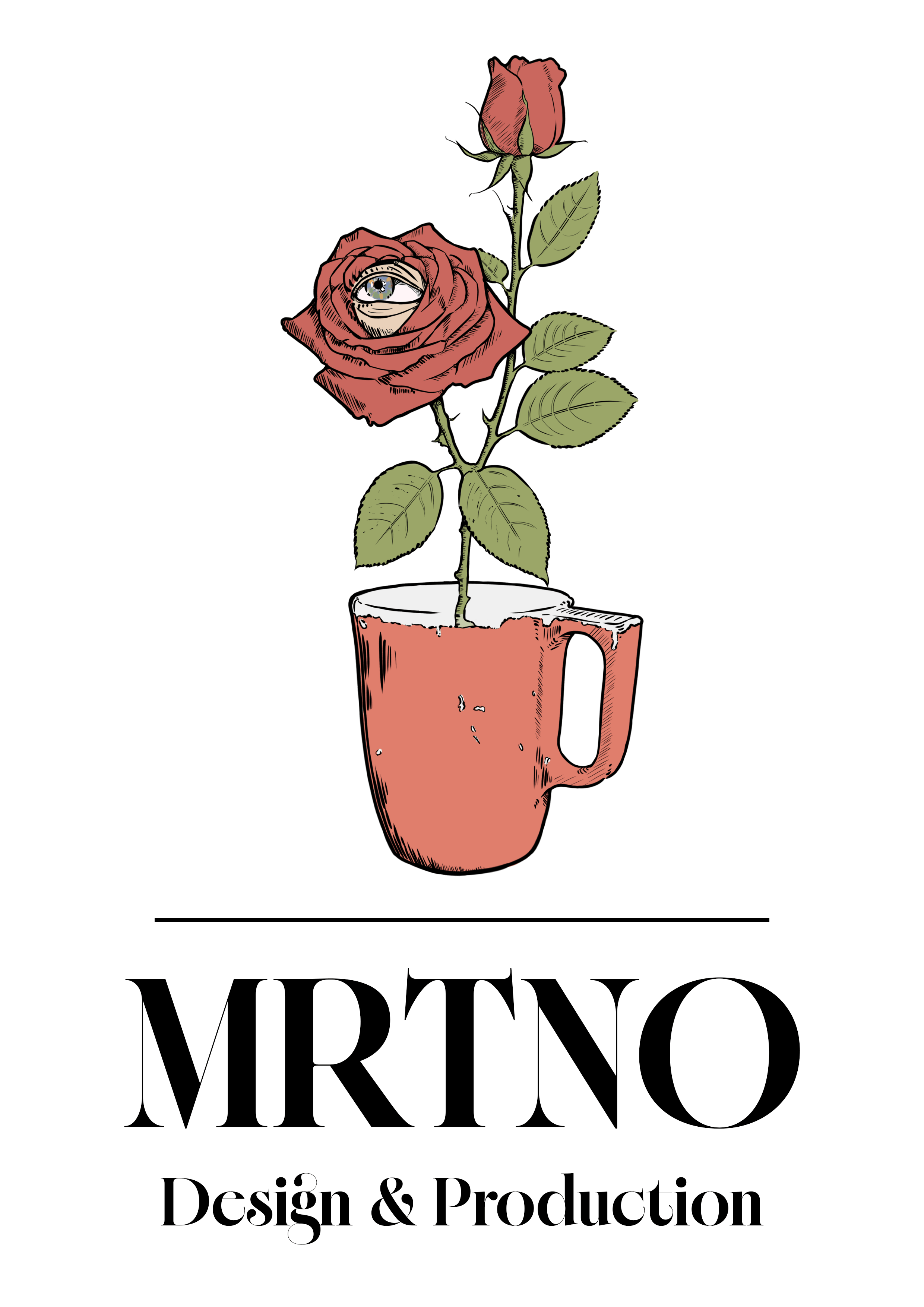 MRTNO Design & Production - Tristan Martineau Logo, conscious rose in coffee mug and Serif font beneath