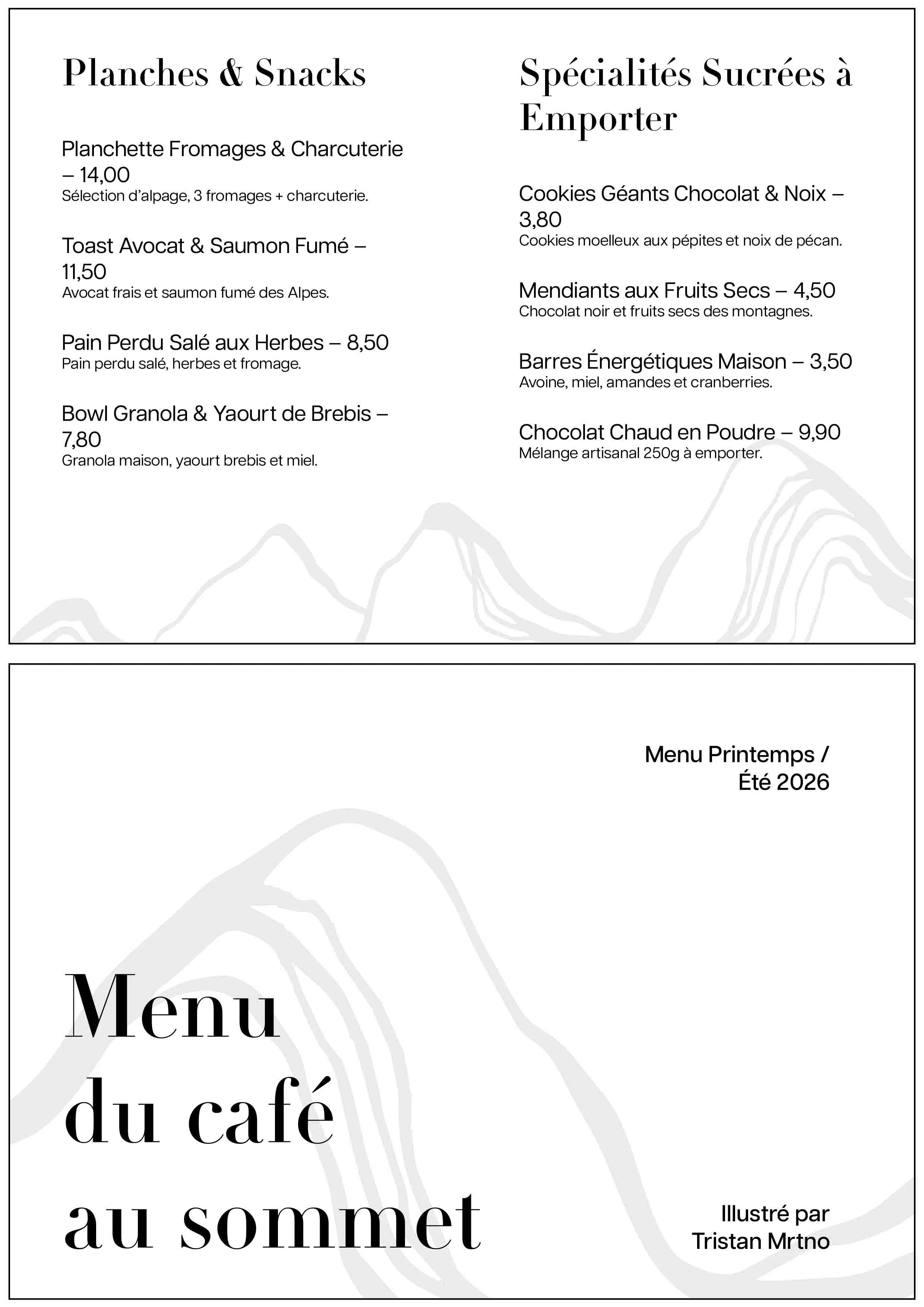 Menu montagnard élégant pour le café au sommet, un café - restaurant charmant situé dans les Alpes française - page 5 & 6