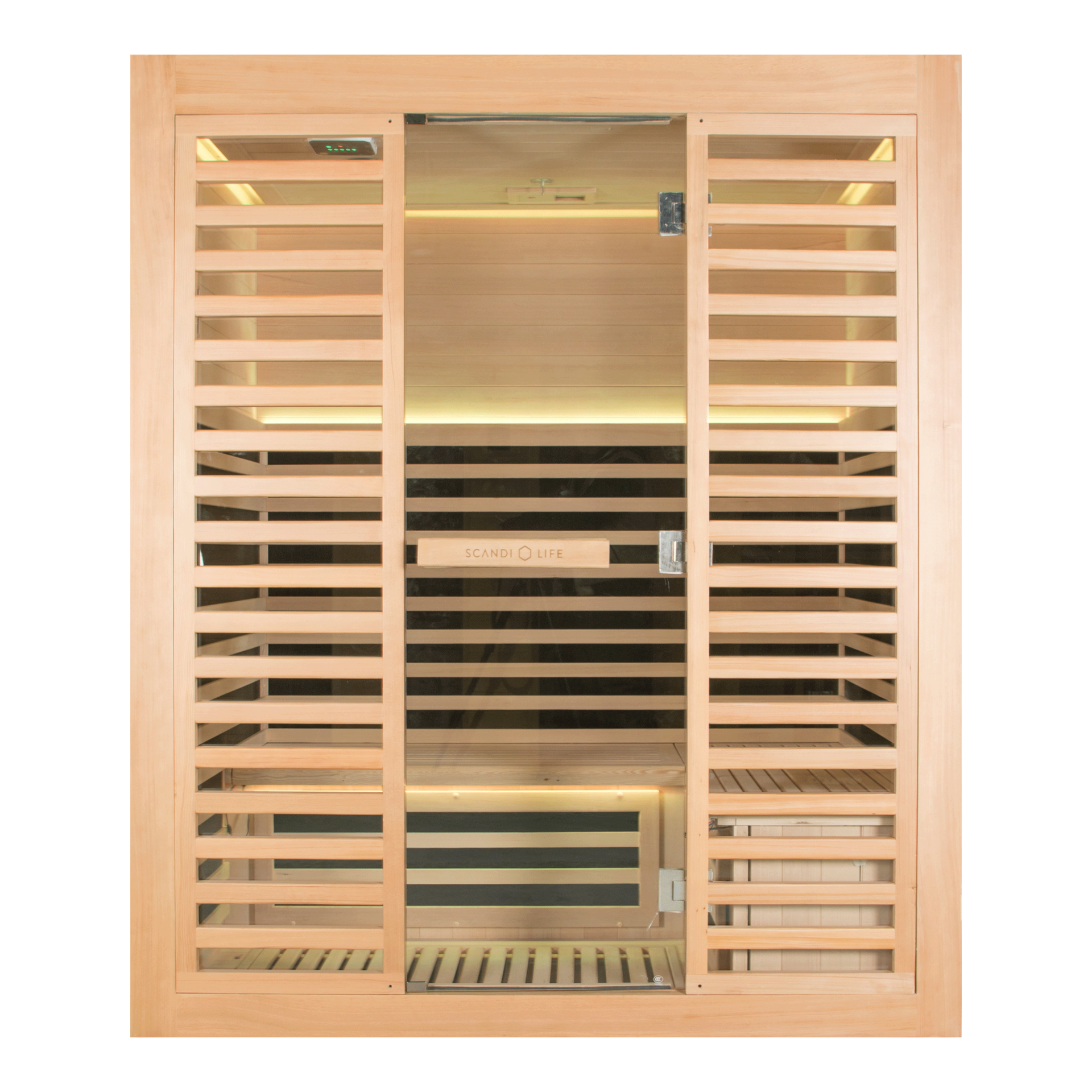A wooden sauna with horizontal slats, a glass door, and an interior with wooden benches and warm lighting.