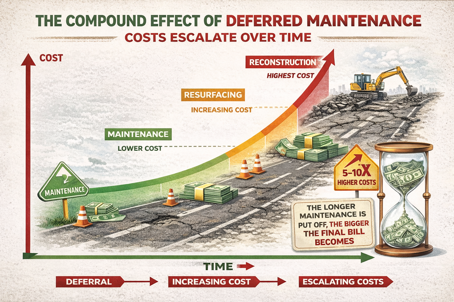 An infographic showing how deferred maintenance costs escalate over time from lower costs to higher costs, with images of a cracked road, construction equipment, and stacks of money and an hourglass.